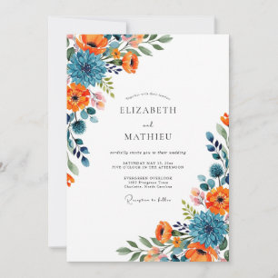 Invitation Mariage Floral Bleu Orange