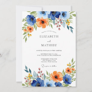 Invitation Mariage Floral Bleu Orange Vivant