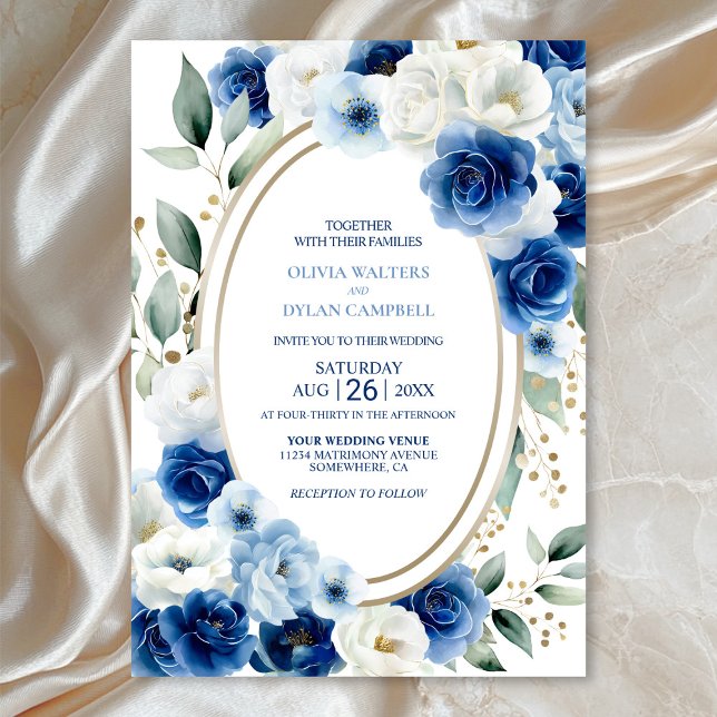 Invitation Mariage floral bleu ovale (Créateur téléchargé)