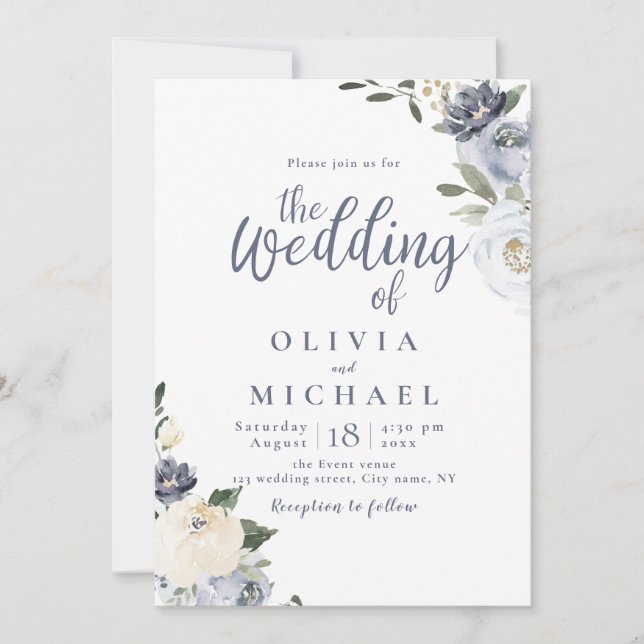 Invitation Mariage floral bleu pâle fleuri botanique (Devant)