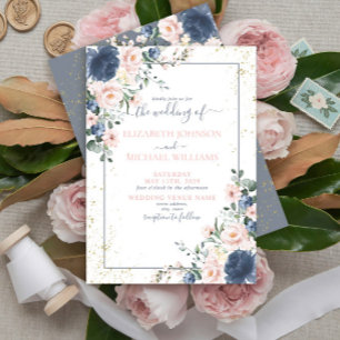 Invitation Mariage floral bleu pâle rose rose pâle