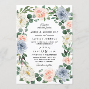 Invitation Mariage floral bleu pâle rose rose pâle