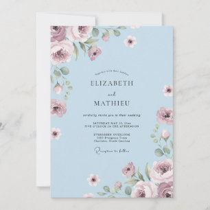Invitation Mariage Floral Bleu Poussiéreux