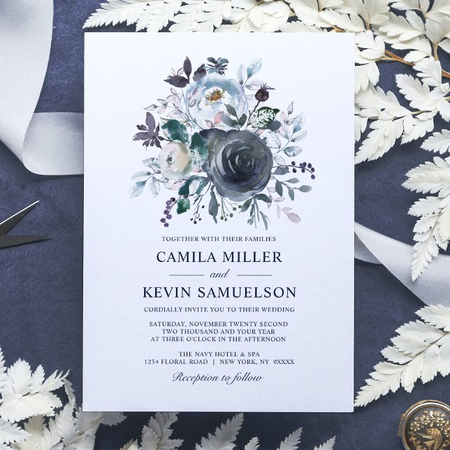Invitation Mariage Floral Bleu Poussiéreux Aquarelle (Créateur téléchargé)