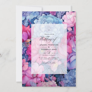 Invitation Mariage floral bleu poussiéreux et fuchsia