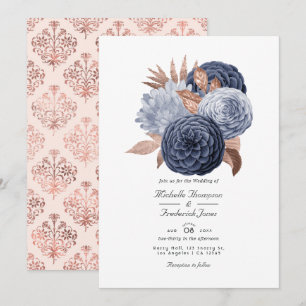 Invitation Mariage floral bleu poussiéreux et or rose