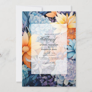 Invitation Mariage floral bleu poussiéreux et orange