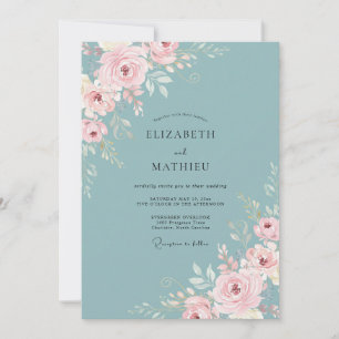 Invitation Mariage Floral Bleu Poussiéreux Rose