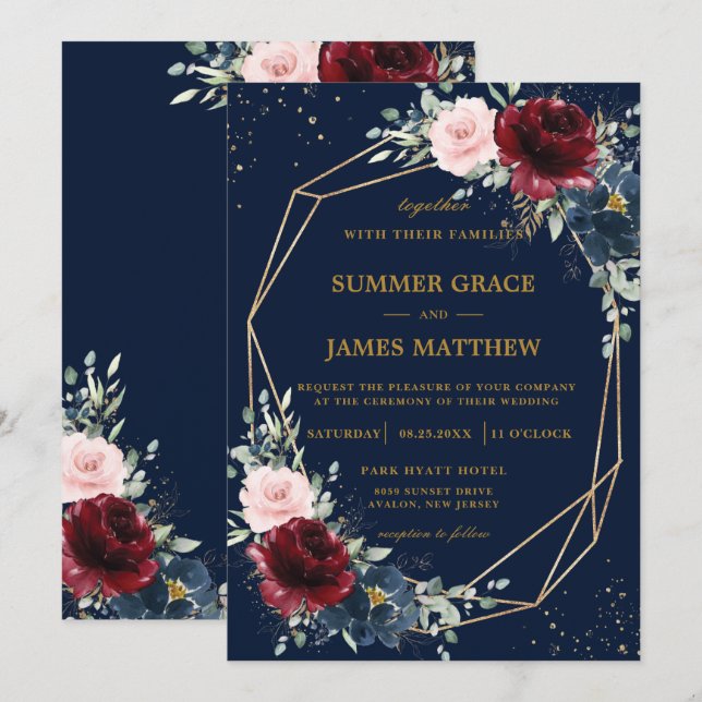 Invitation Mariage floral bleu profond rouge bordeaux bleu ma (Devant / Derrière)