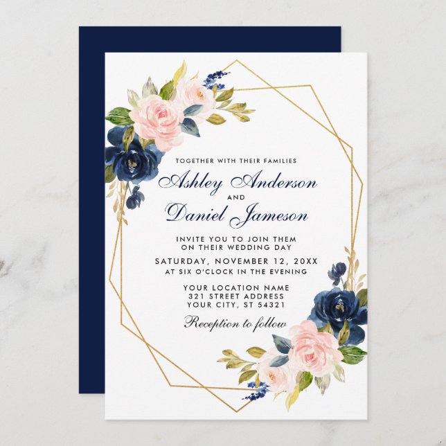 Invitation Mariage floral bleu rose géométrique (Devant / Derrière)