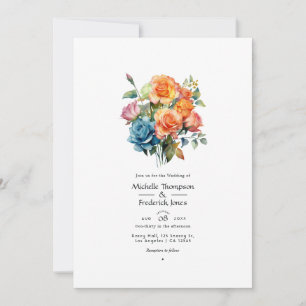 Invitation Mariage floral bleu, rose, orange et vert