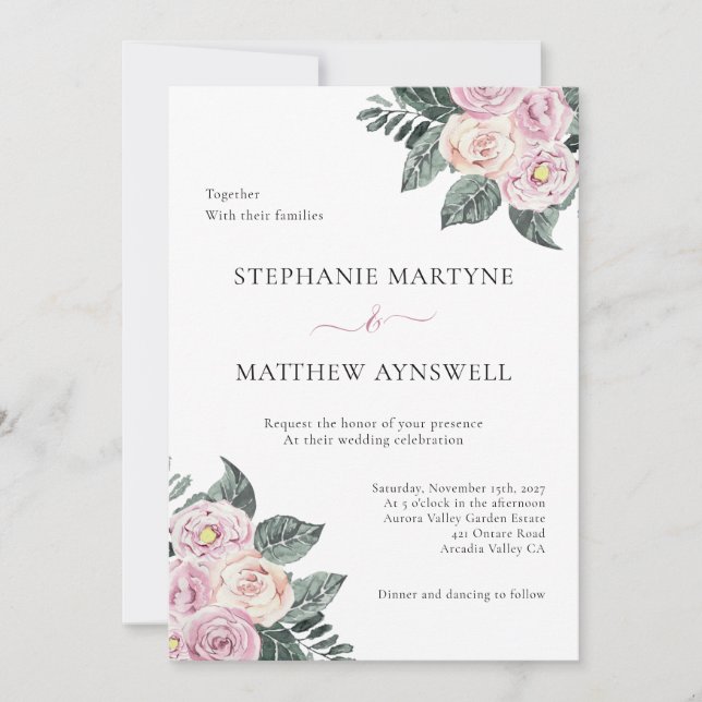 Invitation Mariage floral bleu rose Rose (Devant)