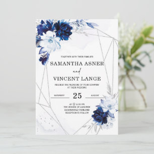 Invitation Mariage floral bleu royal blanc argent