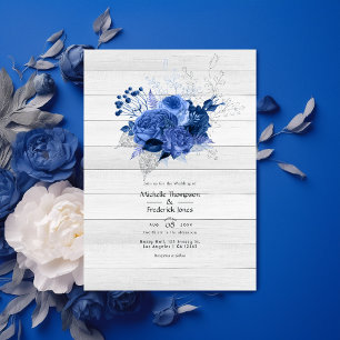 Invitation Mariage floral bleu royal et argent rustique