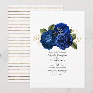 Invitation Mariage floral bleu royal et or à faux feuille