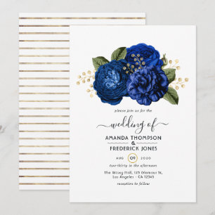 Invitation Mariage floral bleu royal et or à motif de feuille