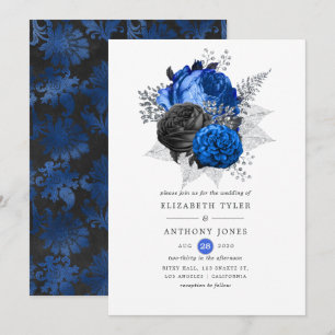Invitation Mariage floral bleu royal, noir et argent