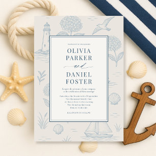 Invitation Mariage Floral Bleu Toile de Jouy Côtière