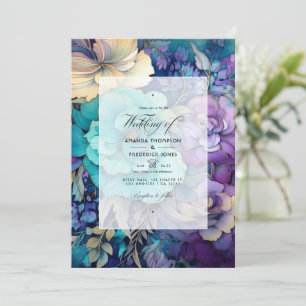 Invitation Mariage Floral Bleu Vert, Violet et Or