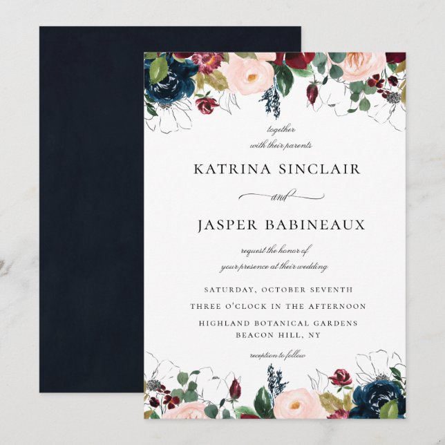 Invitation Mariage floral Blush Burgundy (Devant / Derrière)