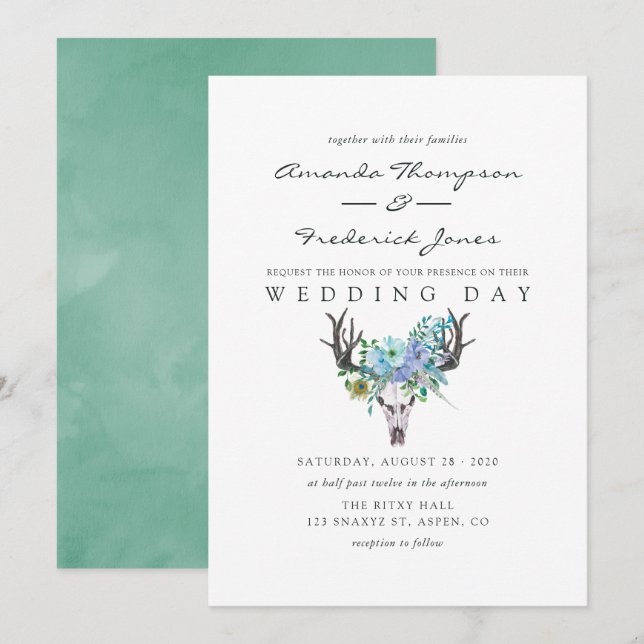 Invitation Mariage floral Boho à la menthe et à l'aquarelle b (Devant / Derrière)