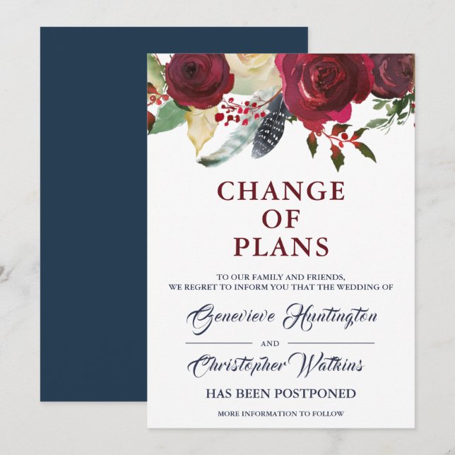 Invitation Mariage Floral Boho de Bourgogne reporté (Devant / Derrière)