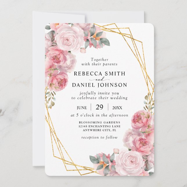 Invitation Mariage floral Boho élégant géométrique rose et or (Devant)