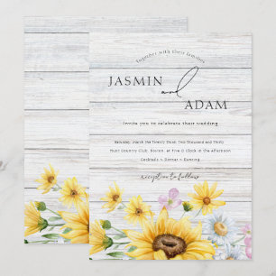 Invitation Mariage Floral Bois Blanc Tournesol Rustique