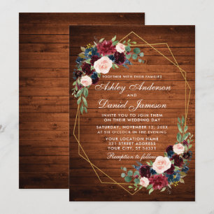 Invitation Mariage Floral Bois Rustique Cadre géométrique Or