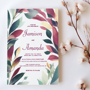 Invitation Mariage floral bordeaux à menthe orange tropicale