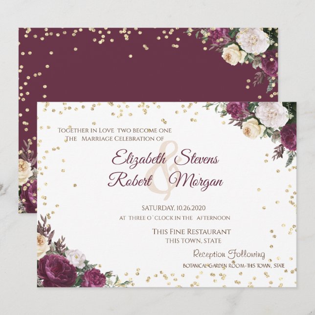 Invitation Mariage floral bordeaux diamants dorés (Devant / Derrière)
