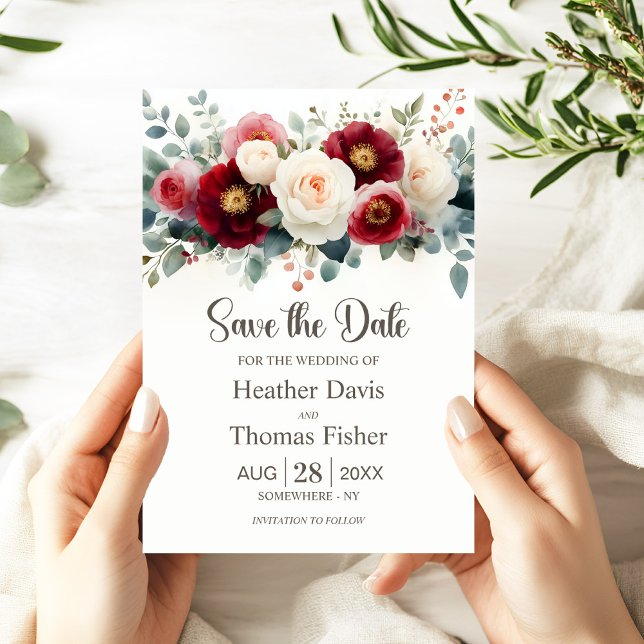 Invitation Mariage floral bordeaux et blanc Enregistrer la da (Créateur téléchargé)