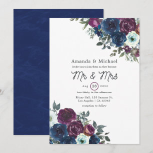 Invitation Mariage floral bordeaux et marine