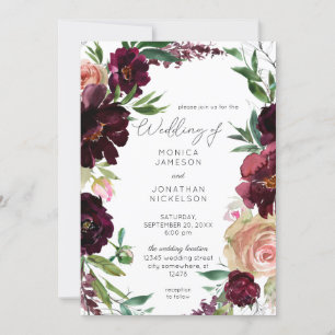 Invitation Mariage floral bordeaux et rose blush clair