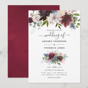 Invitation Mariage floral bordeaux, marine et rose