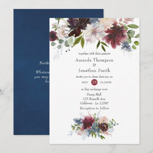 Invitation Mariage floral bordeaux, marine et rose blush