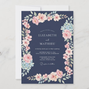 Invitation Mariage Floral Botanique Blush Navy