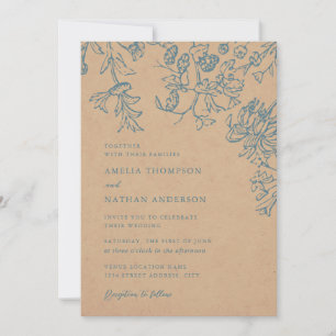 Invitation Mariage Floral Botanique Élégant Bleu Rustique
