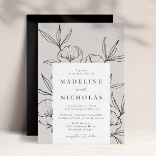 Invitation Mariage Floral Botanique Moderne Gris et Noir
