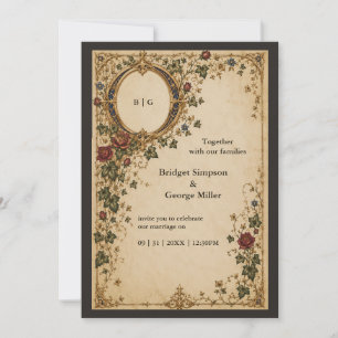 Invitation Mariage Floral Botanique Monogramme Royal Médiéval