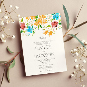 Invitation Mariage floral botanique soleil orange rose bleu m