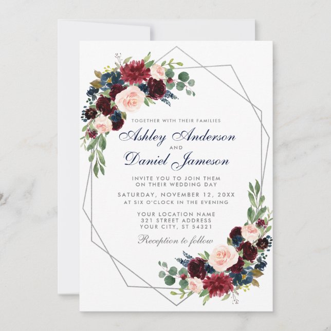 Invitation Mariage Floral Bourgogne Bleu Géométrique Argent (Devant)
