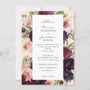 Invitation Mariage Floral Bourgogne & Blush sur Fond Rose