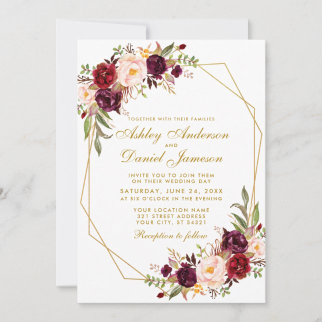 Invitation Mariage Floral Bourgogne Cadre géométrique Or (Devant)