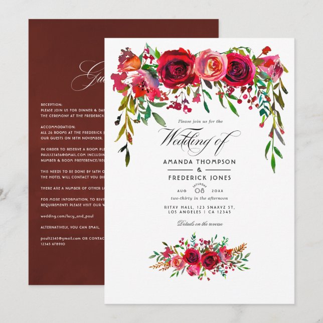 Invitation Mariage floral Bourgogne et bleu (Devant / Derrière)