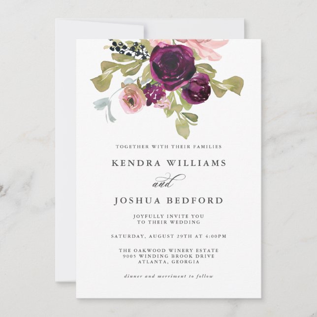 Invitation Mariage floral Bourgogne et bleu (Devant)