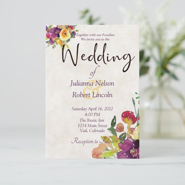 Invitation Mariage floral Bourgogne et jaune (Debout devant)