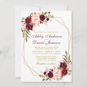 Invitation Mariage Floral Bourgogne géométrique Gold Frame