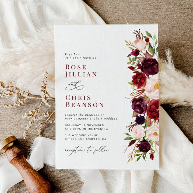 Invitation Mariage Floral Bourgogne Moderne Et Brut (Créateur téléchargé)
