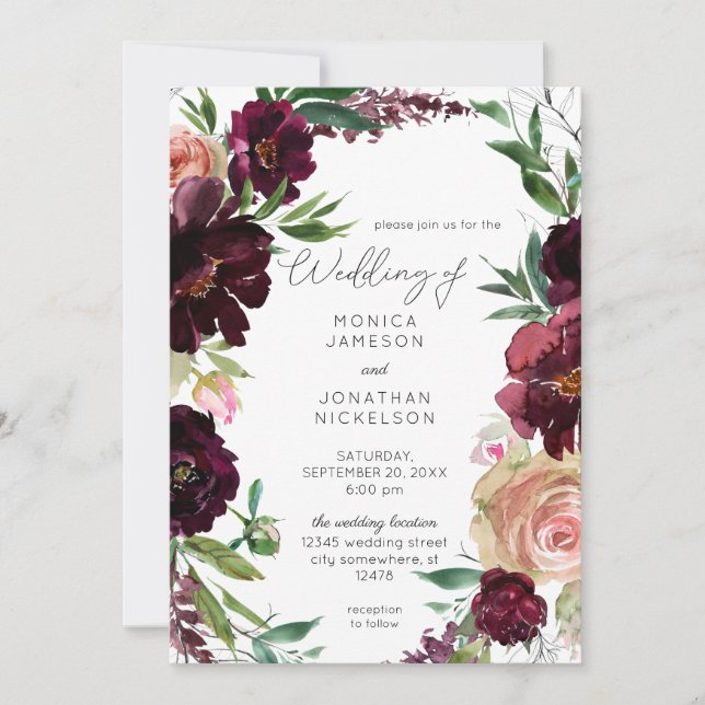Invitation Mariage Floral Bourgogne & Rose Pâle (Devant)